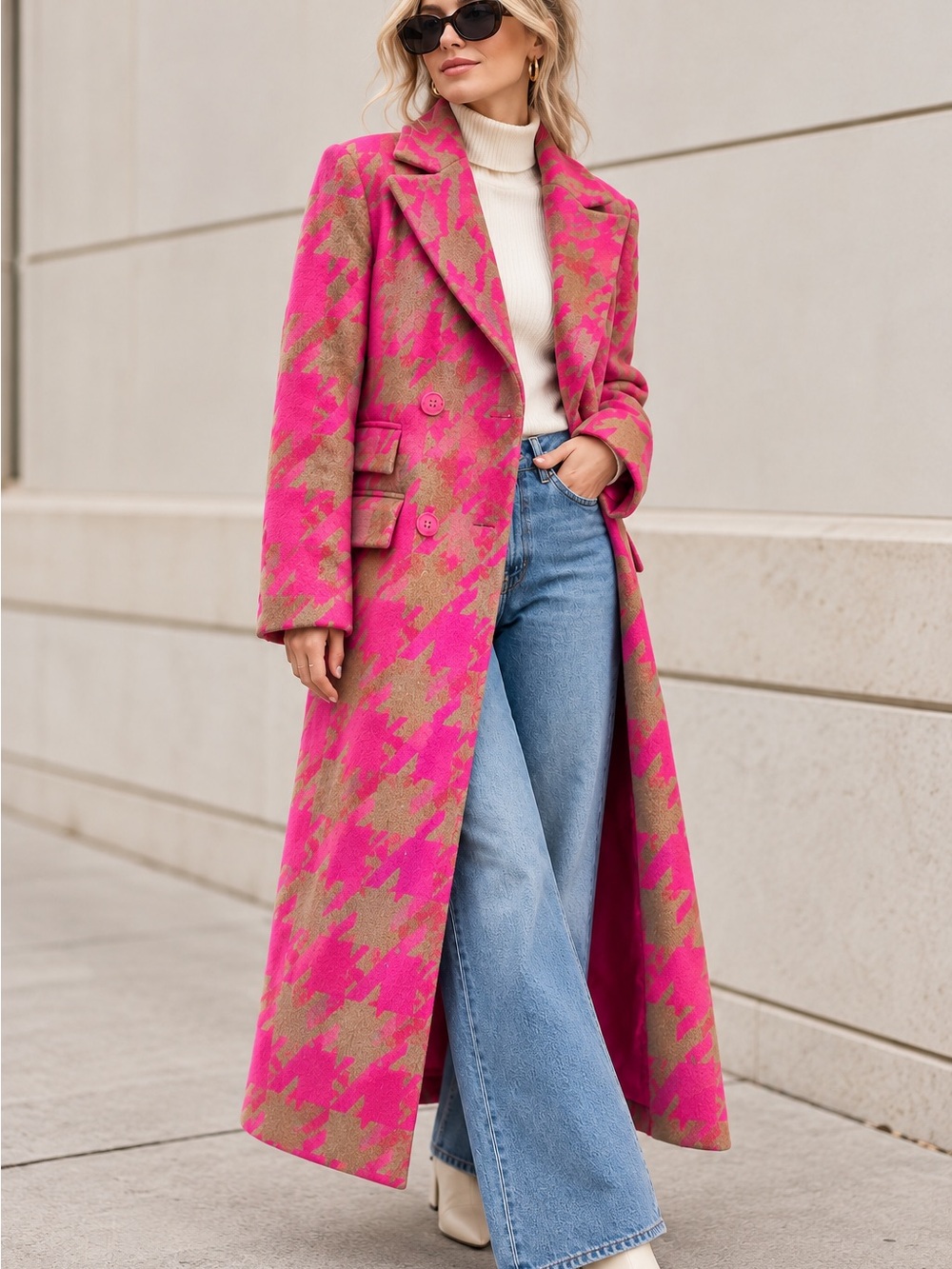 Nasty Gal Pink Camel Houndstooth Wool Blend Long Coat Size 6 NWOT